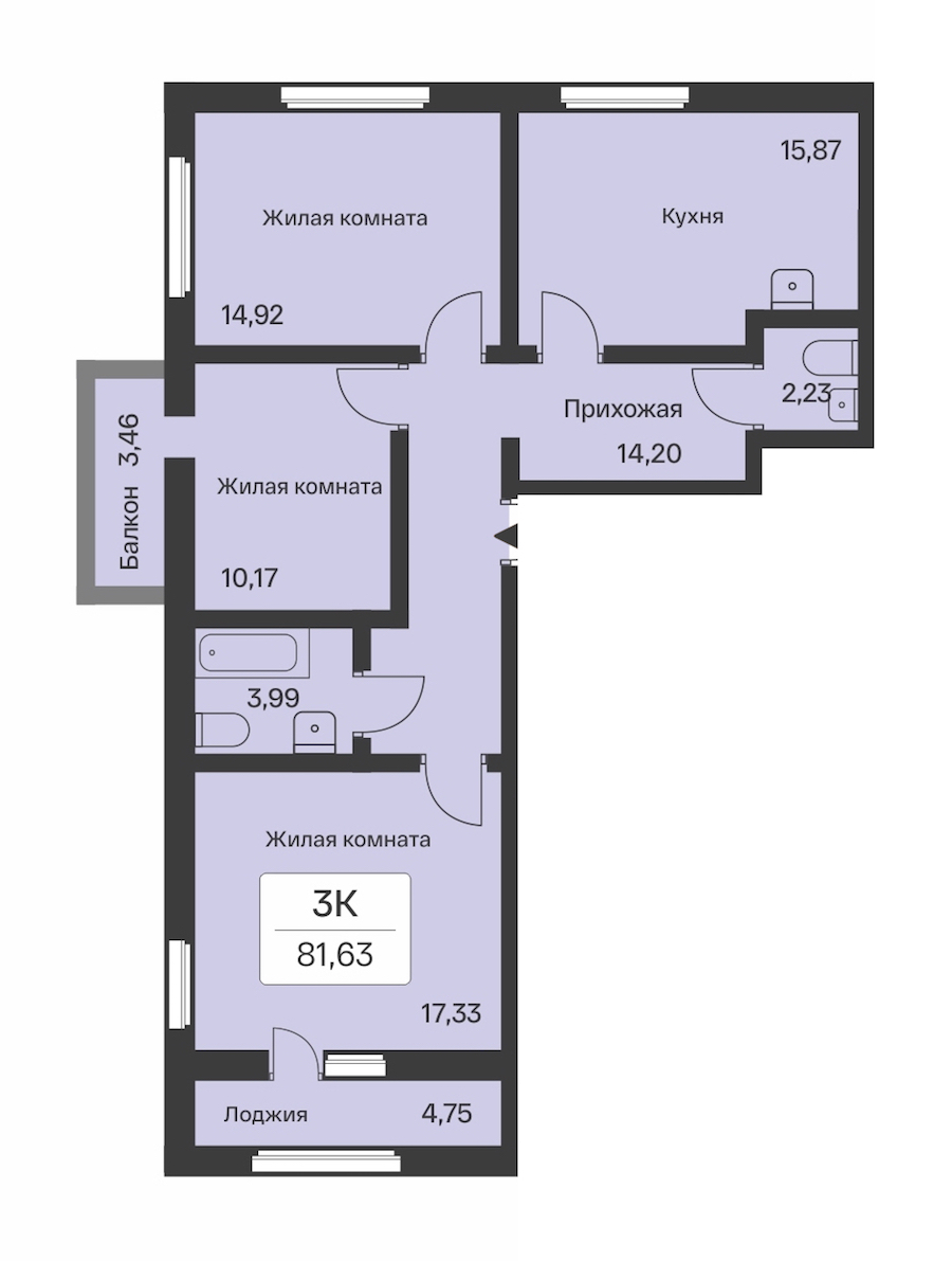 3-комнатная квартира 81.63 м², 10/10 эт., ЖК «Расцветай в Янино»